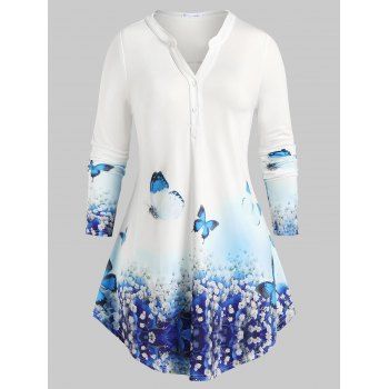 

Plus Size Button Placket Flower Butterfly Print T-shirt, Light blue