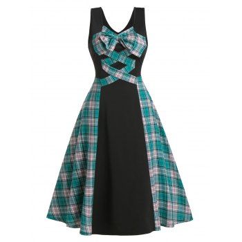 

Plaid Insert Bowknot Sleeveless Mid Calf Dress, Multicolor a