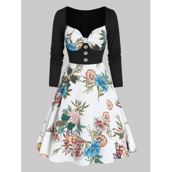 

Floral Print Faux Twinset Mock Button Mini Dress, White