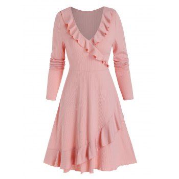 

Plain A Line Mini Dress Flounce Trim Surplice V Neck Long Sleeve Ribbed Dress, Pink