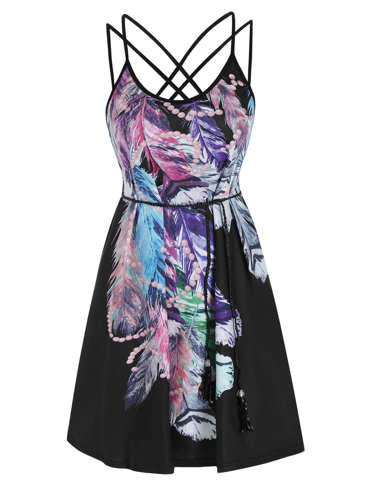 Feather Print Strappy Belted Dress - BLACK M