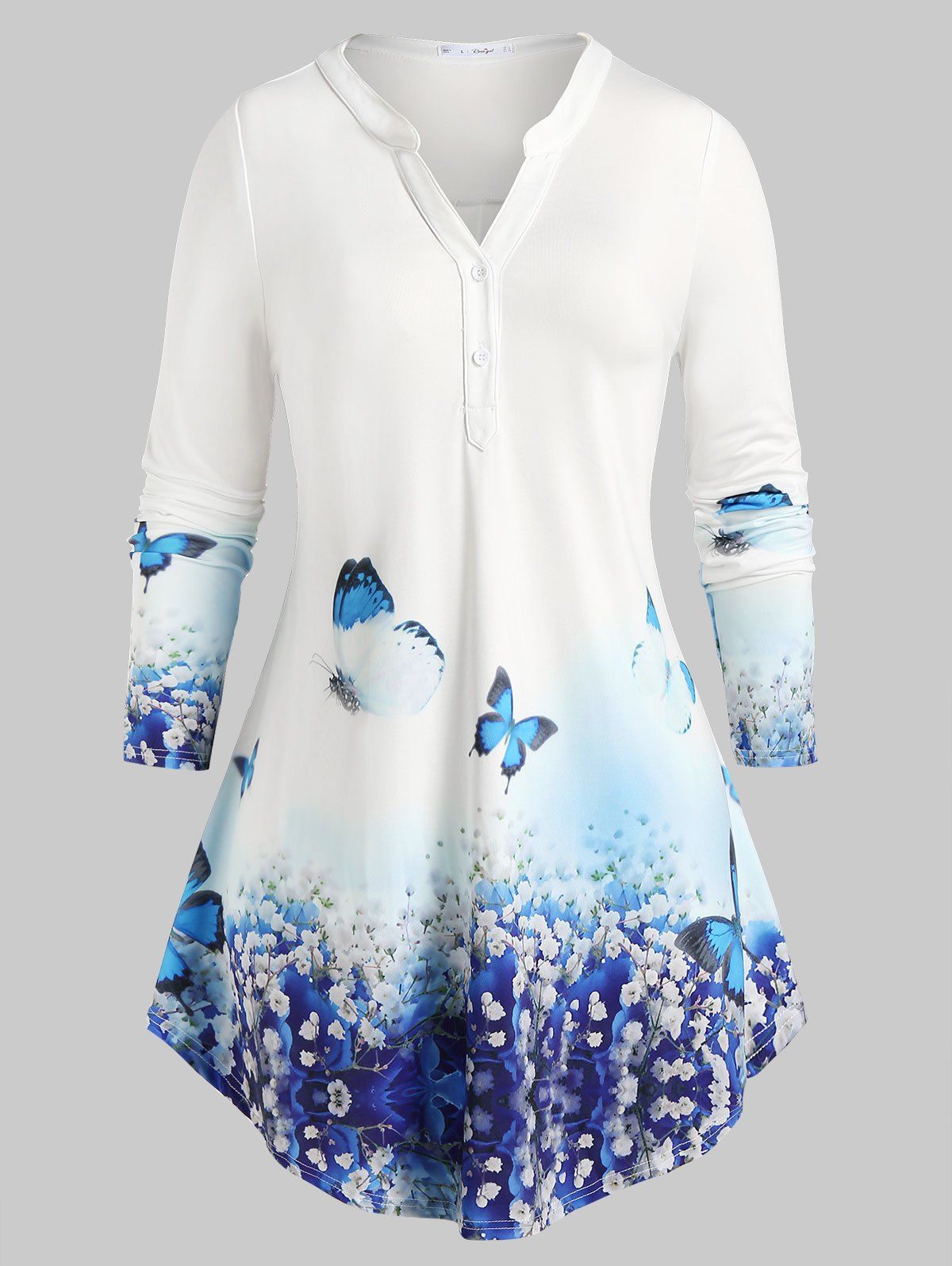 Plus Size Button Placket Flower Butterfly Print T-shirt - LIGHT BLUE 1X