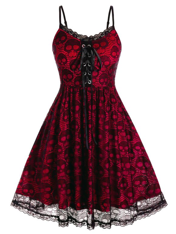 Plus Size Skull Lace Backless A Line Cami Dress - LAVA RED 3X