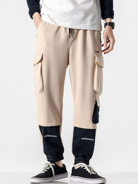 Pantalon Cargo Lettre Imprimée en Couleur Contrastée avec Poches - café lumière XS