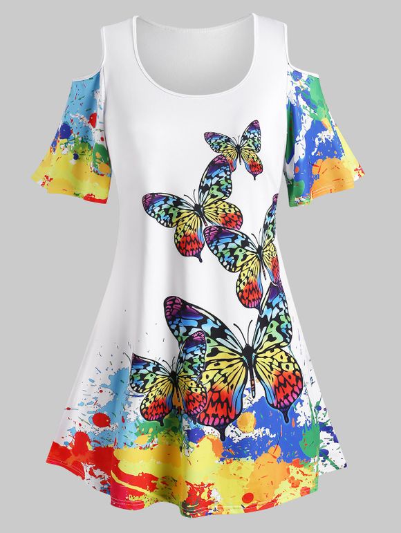 T-shirt Couleur Arc-en-ciel Papillon Imprimé Epaule Dénudée de Grande Taille - Blanc 5X