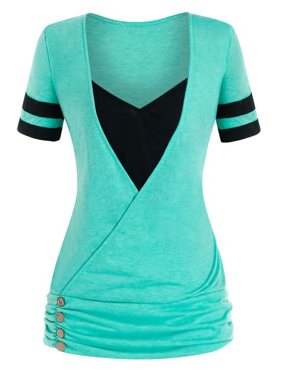 T-shirt Bicolore Superposé Plissé de Grande Taille - Bleu Verdâtre 4X