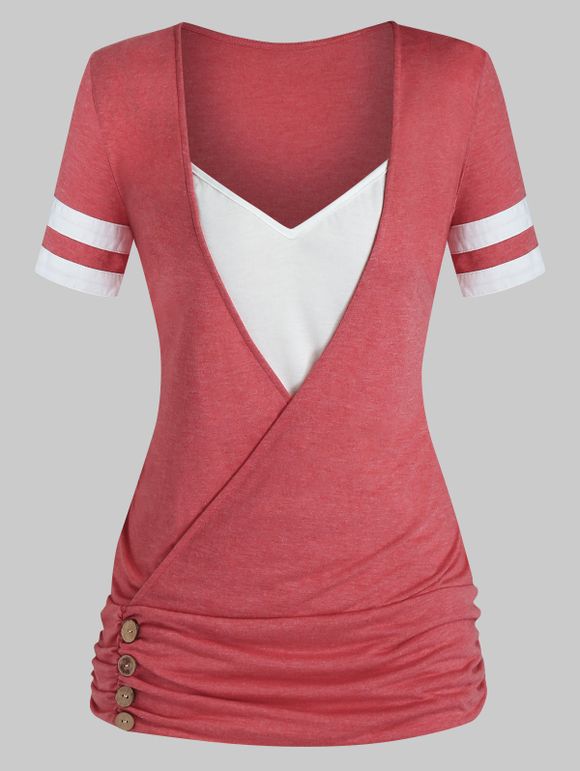 T-shirt Bicolore Superposé Plissé de Grande Taille - Rouge Saint Valentin 4X