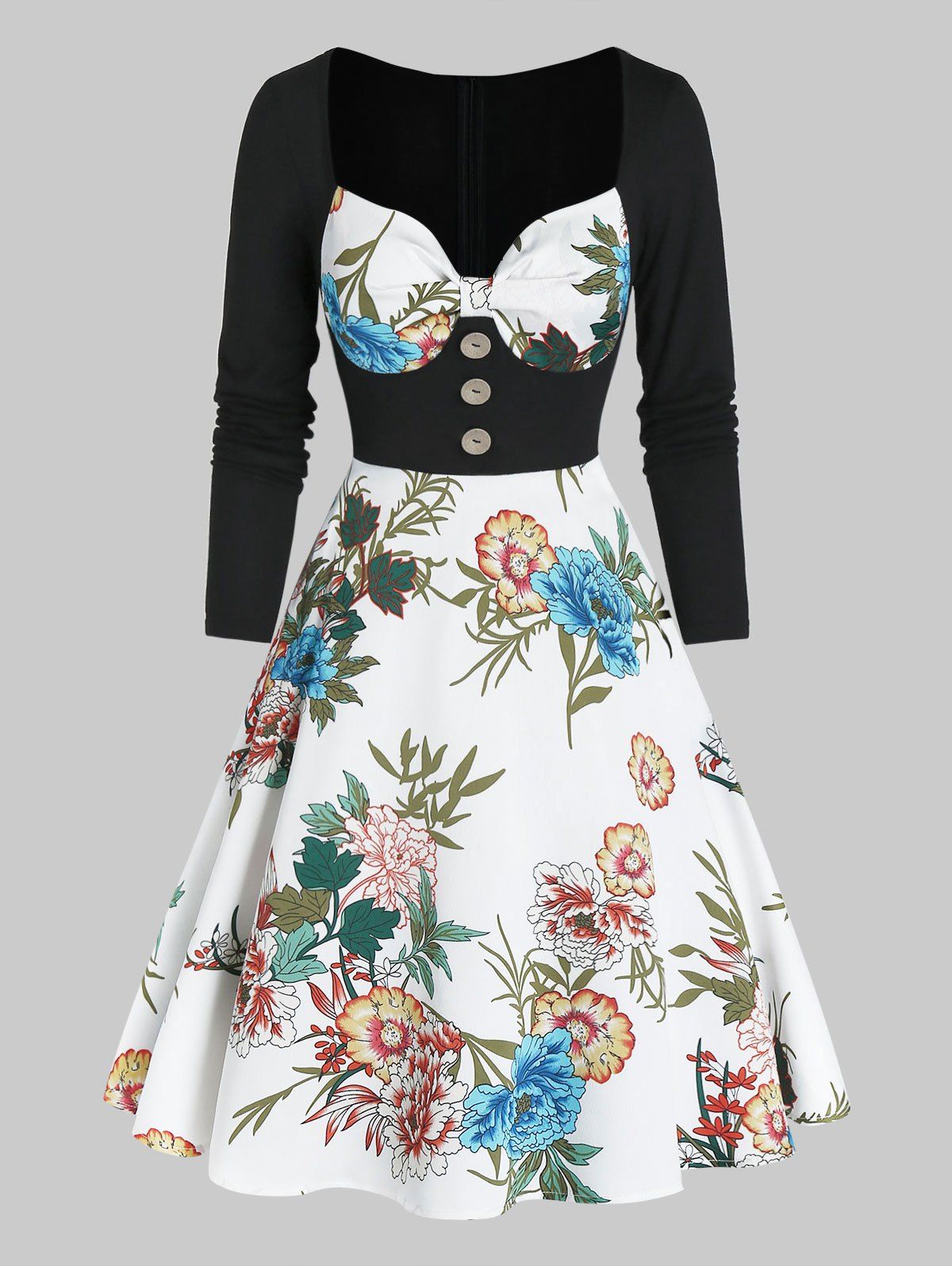 Floral Print Faux Twinset Mock Button Mini Dress - WHITE M