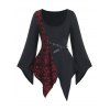 T-shirt d'Halloween Asymétrique Crâne Contrasté en Dentelle Insérée - Noir 3XL