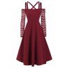 Robe Ajustée Evasée à Bretelle à Manches en Dentelle - Rouge Vineux XL