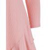 Plain A Line Mini Dress Flounce Trim Surplice V Neck Long Sleeve Ribbed Dress - PINK 2XL