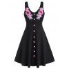 Robe Applique Fleurie Boutonnée de Grande Taille - Noir 5X