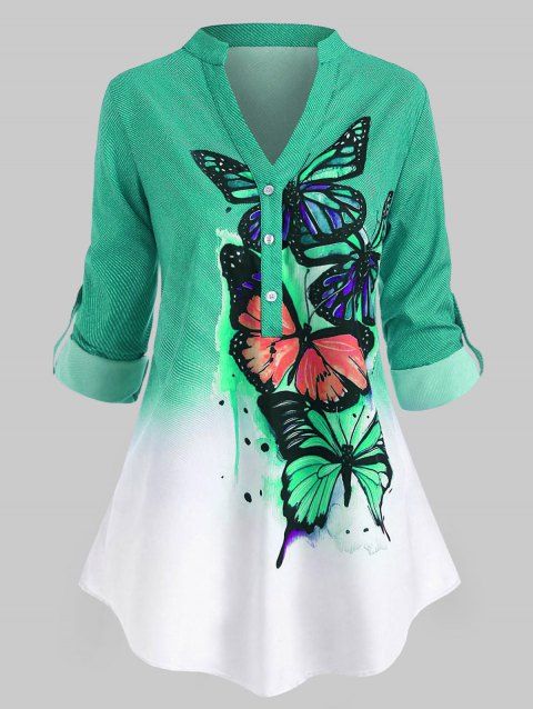 Plus Size Butterfly Print Ombre Color Roll Up Sleeve Blouse