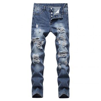 

Destroyed Ripped Button Fly Casual Jeans, Denim dark blue