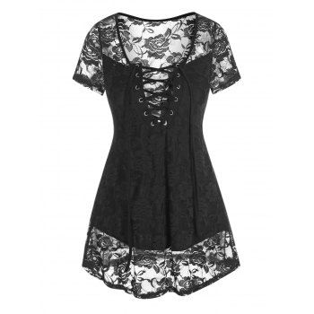 

Curved Hem Lace-up Flower Lace Top, White