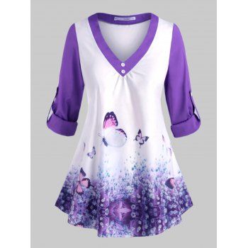 

Plus Size Roll Up Sleeve Butterfly Print Top, Purple