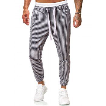 

Vertical Striped Print Drawstring Casual Pants, Black