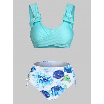 

Flower Print Crossover Padded Bikini Set, Blue