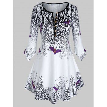

Plus Size Halloween Tree Bat Print Flare Sleeve T-shirt, White