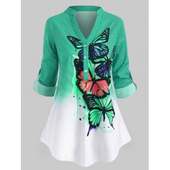 

Plus Size Butterfly Print Ombre Color Roll Up Sleeve Blouse, Green