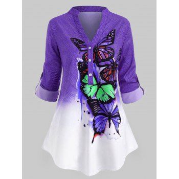 

Plus Size Butterfly Print Ombre Color Roll Up Sleeve Blouse, Purple