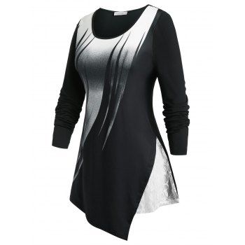

Plus Size Lace Panel Printed Asymmetrical T-shirt, Black