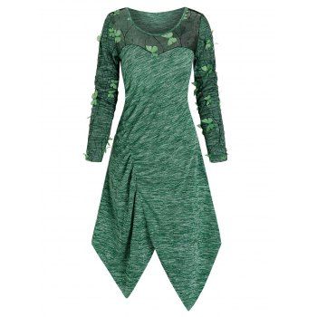 

3D Butterfly See Through Lace Insert Asymmetrical Dress, Shamrock green