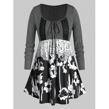 

Plus Size Flower Pattern Crochet Insert Tie Long Sleeve Tee, Carbon gray
