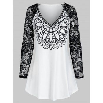 

V Neck Printed Sheer Lace Sleeve T Shirt, Milk white