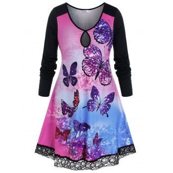 

Plus Size Tie Dye Butterfly Print Lace Panel Keyhole T-shirt, Light pink
