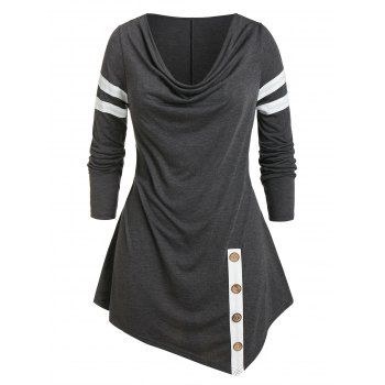 

Plus Size Cowl Neck Contrast Trim Asymmetric Tee, Carbon gray