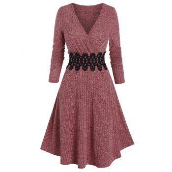 

Ribbed Jersey Knit Applique Insert Surplice A Line Dress, Deep red