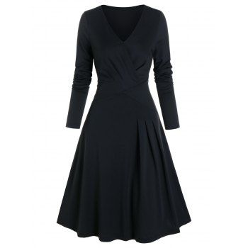 

Solid Pleated Wrap A Line Dress, Black