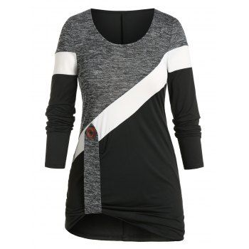 

Plus Size Colorblock Button Strap T-shirt, Black