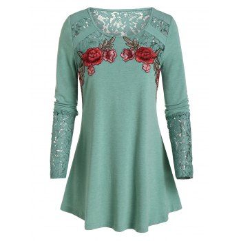 

Floral Embroidery Lace Patchwork T-shirt, Sea green