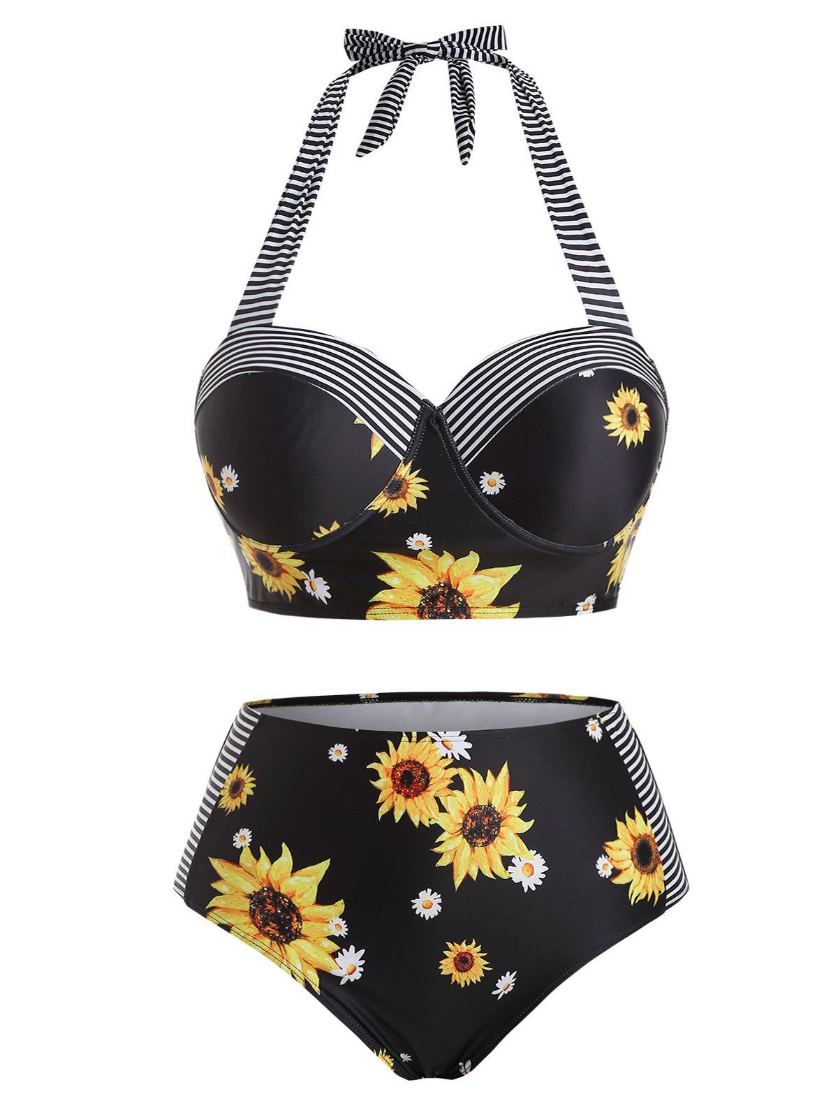 Plus Size Striped Sunflower Push Up Halter Tankini Swimwear - BLACK L