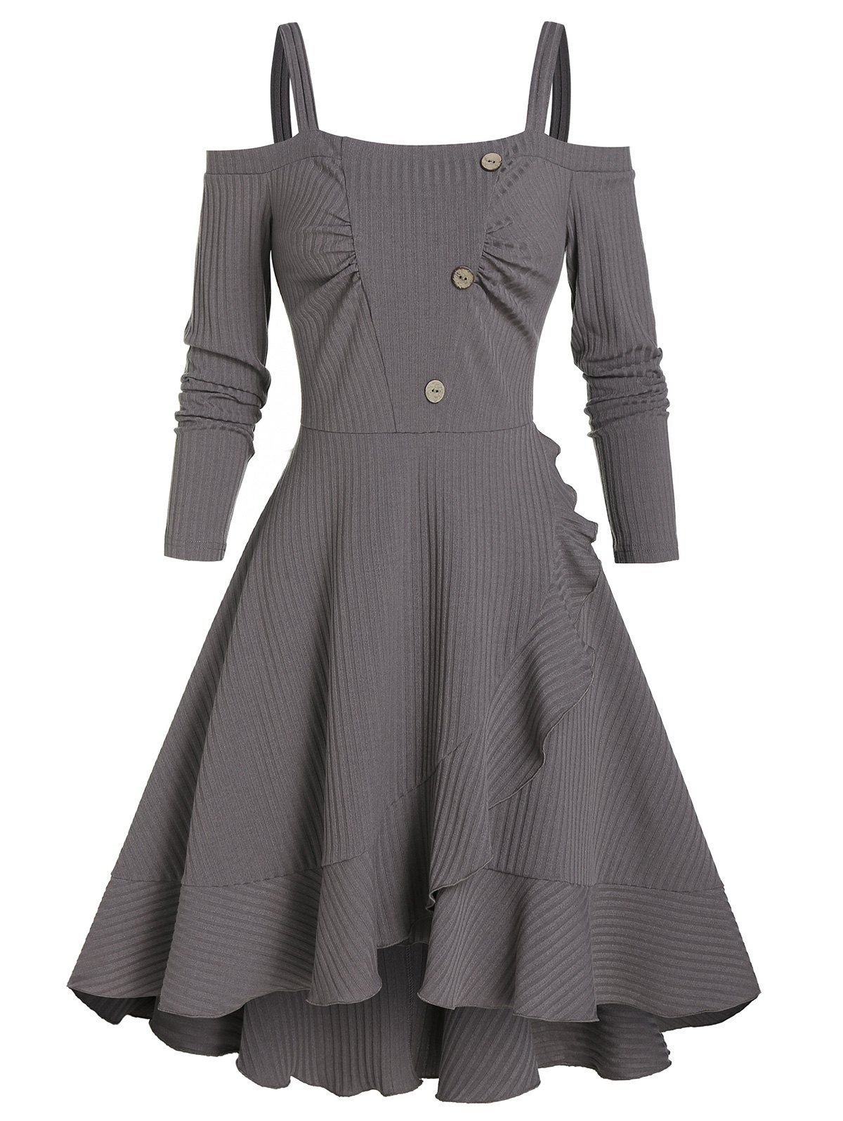 Flounce Layered Asymmetry Cold Shoulder Dress - GRAY 3XL