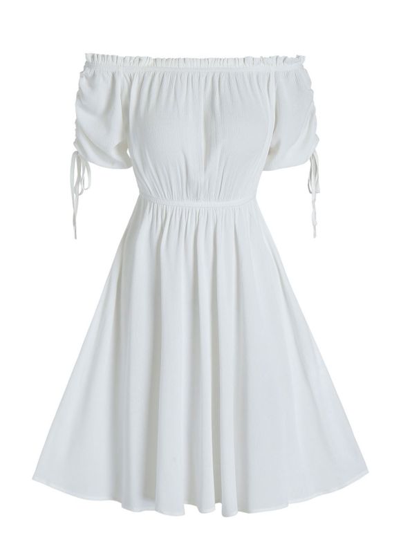 Ruched Off The Shoulder Ruffle A Line Dress - WHITE M