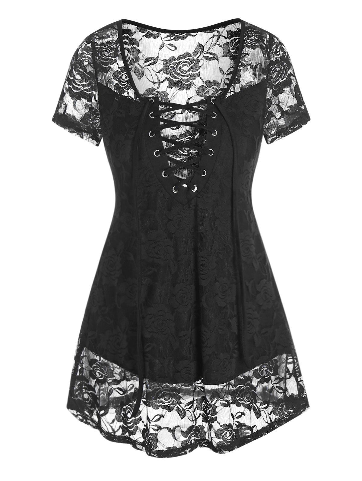 Floral Lace Sheer Lace Up Curved Hem See Through Top - BLACK S