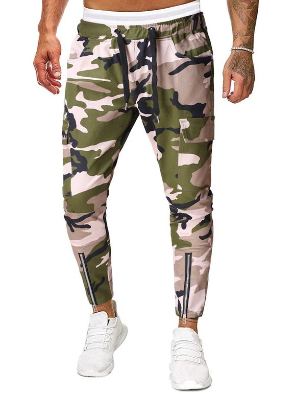 Pantalon Crayon Camouflage Imprimé à Ourlet Zippé avec Poches - Vert Camouflage S