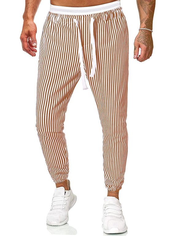 Pantalon Décontracté à Imprimé Rayure Verticale à Cordon - Kaki XL