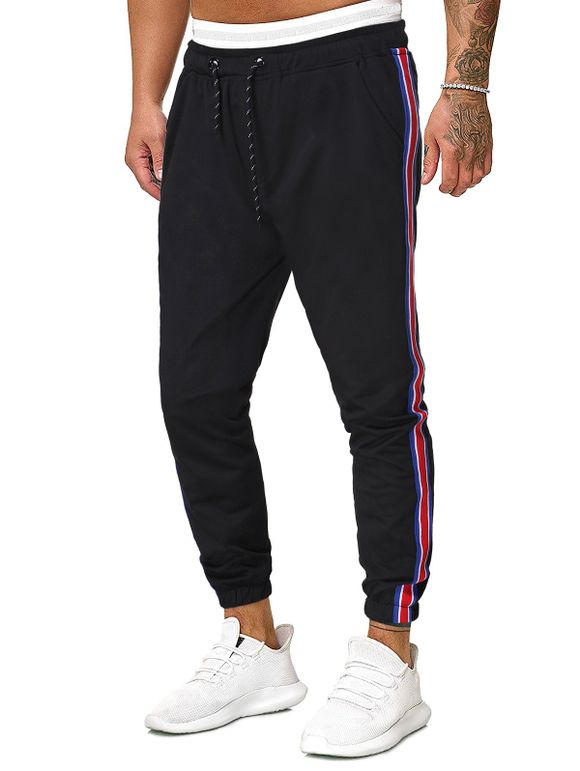 Pantalon de Sport à Imprimé Rayure Latérale à Cordon - Noir XL