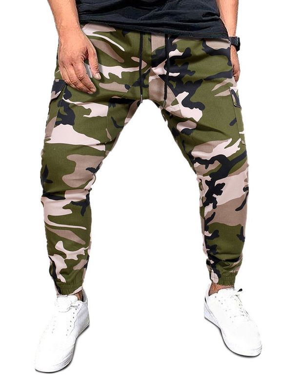 Pantalon Cargo Décontracté Camouflage Imprimé avec Poches à Rabat - Vert Camouflage 2XL