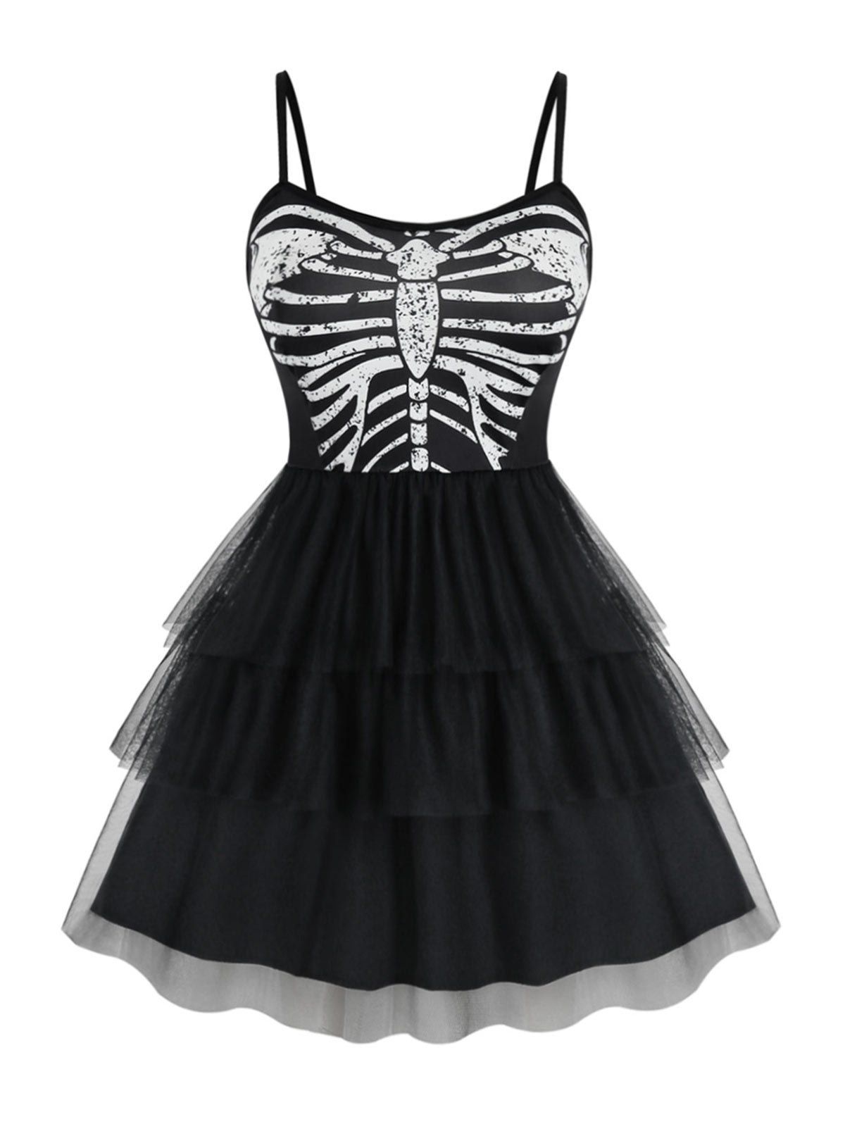 Plus Size Halloween Skeleton Pattern Layered Tulle Dress - BLACK 3X