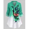 Plus Size Butterfly Print Ombre Color Roll Up Sleeve Blouse - GREEN 1X