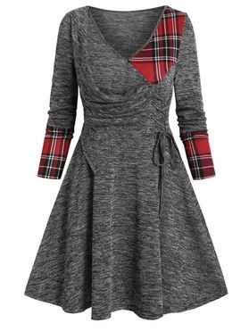 V Neck Checked Insert  Lace Up Mini Knitted Dress