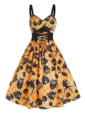 Cartoon Halloween Pattern A Line Dress Owl Pumpkin Print Corset Style Lace Up Cami Dress