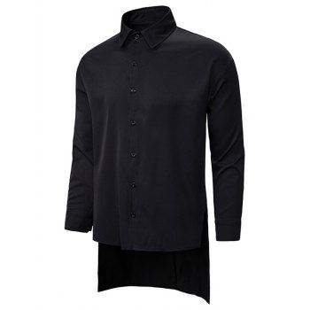 

Plain Button Up Side Slit High Low Shirt, Black