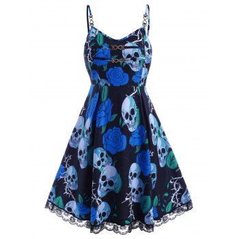 

Floral Skull Chains Lace Trim Halloween Plus Size Dress, Blue