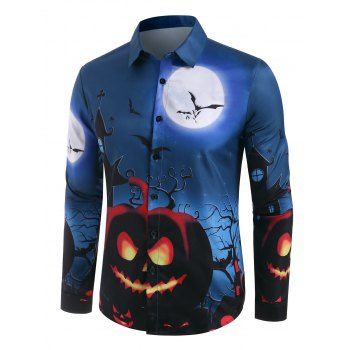 

Halloween Night Pumpkin Bat Print Button Up Shirt, Multicolor